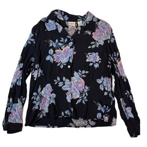 Vintage Liz Claiborne Blouse Womens 14 Blue Cottagecore Floral Boho Feminine